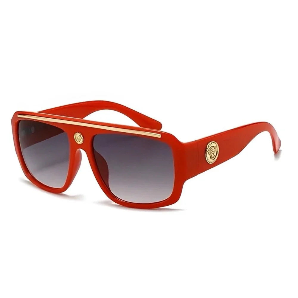 Mens Red Oversized Shield Sunglasses‎ Gold Lion Head Flat Top Square Shades